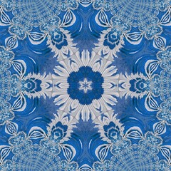 blue and white pealing paint showing wood grain pattern and creative unique hexagonal kaleidoscopic designs