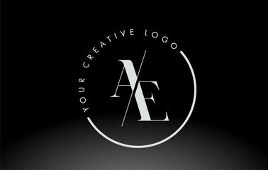 White AE Serif Letter Logo Design with Creative Intersected Cut.
