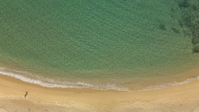 Aerial top down view man alone walking on a beautiful exotic beach with clear water and calm waves rolling in