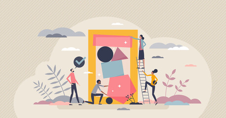 Inclusiveness and collaboration for business teamwork tiny person concept. Diversity and different social, racial, gender and ethnicity groups work together for common project vector illustration. - obrazy, fototapety, plakaty