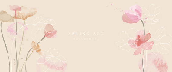 Spring season on warm tone watercolor background. Floral and botanical wallpaper with blooms, wild flowers, blossom garden. Luxury with gold line design for banner, cover, decoration, poster.