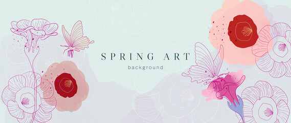 Spring season on blue watercolor background. Hand drawn floral and insect wallpaper with pink wild flowers and group of butterflies. Line art graphic design for banner, cover, decoration, poster.