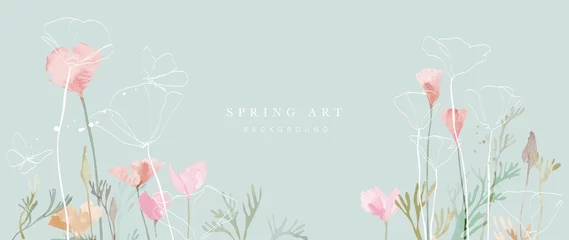 Fotobehang Spring season on green watercolor background. Hand drawn floral and insect wallpaper with pink wild flowers and group of butterflies. Line art graphic design for banner, cover, decoration, poster. © TWINS DESIGN STUDIO