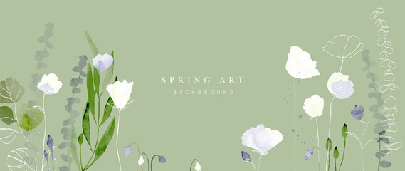 Spring season on green watercolor background. Hand drawn floral and insect wallpaper with wildflowers, foliage, eucalyptus leaves. Line art graphic design for banner, cover, decoration, poster.