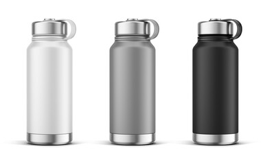 White Gray and Black Thermos Bottles. Aluminium Thermos Bottle on White Background. 3d rendering mockup for your design logo - obrazy, fototapety, plakaty