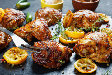 Braised Chicken Thighs on a black plate
