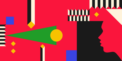 Modern geometric composition of various shapes.Background in the trend chart. Portrait of a young girl.