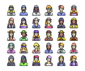 Simple set of 30 Female Occupations Icons in Detailed Outline Color Style