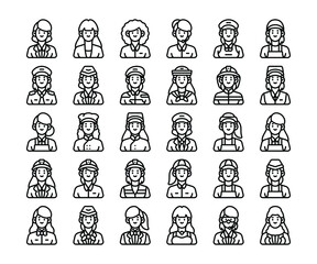 Simple set of 30 Female Occupations Icons in Detailed Outline Style