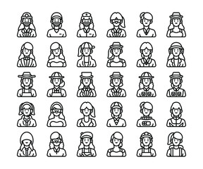 Simple set of 30 Female Occupations Icons in Detailed Outline Style
