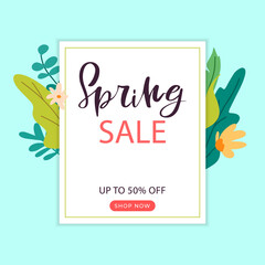 Spring Sale special offer vector banner. Spring background with hand lettering and spring green leaves. Can be used for banners, wallpaper, flyers, invitation, business cards, web, voucher discount. 