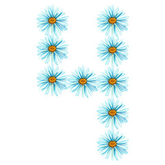Number four decorated with blue daisies hand-drawn in watercolor, isolated on a white background.