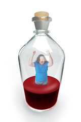 An untidy man clatters his hands trying to get out of a bottle filled with red liquid. 3D illustration on the theme of alcoholism.