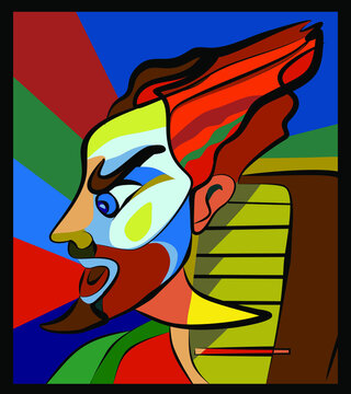Colorful background, cubism art style  ,angry man runs