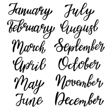 Set hand-drawn lettering months names of year. January, February, March, April, May, June, July, August, September, October, November, December. Template for calendar and organizers.