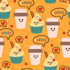 seamless pattern hand drawing cupcake and coffee. food and beverage background for fabric print, textile, gift wrapping paper