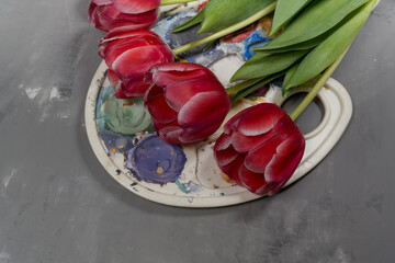 Flowers pink tulips on a gray background with paints