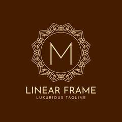 letter M minimalist circle frame linear luxury decoration vector logo design