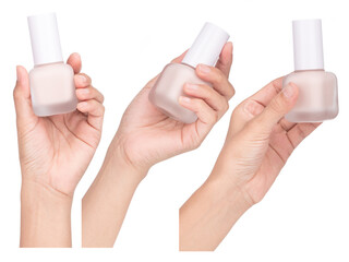 Collection of Hand holding Foundation cosmetic bottle isolated on white background.
