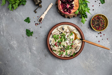 Staffed Mushrooms with meat and cream cheese, Restaurant menu, dieting, cookbook recipe top view