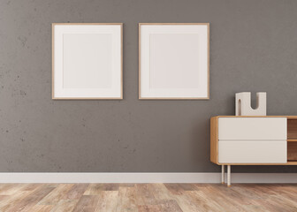 Empty room with dark wall and floor.3d illustration with two blank canvases. Detail of a wood and white sideboard, basic decorative details. light parquet. Profile view