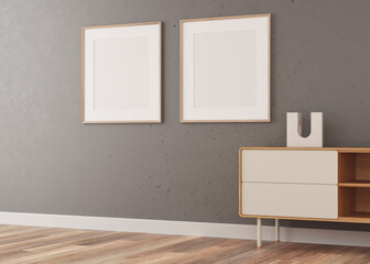 empty room with dark wall and floor.3d illustration with two blank canvases. Detail of a wood and white sideboard, basic decorative details. light parquet. Profile view
