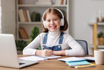 Cheerful  girl making notes during online lesson