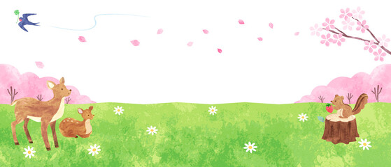 手描き水彩　春の野原にいる可愛い動物たちの背景イラスト（横長）　01