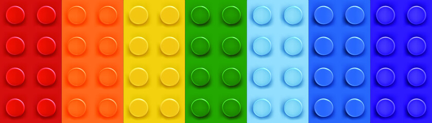 Plastic bricks popular constructor toy with assembly knots as rainbow vector illustration - obrazy, fototapety, plakaty