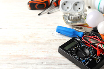 Concept of electrician tools, space for text