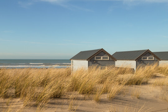 Beach houses in the dunes along the beach in Katwijk aan Zee.
