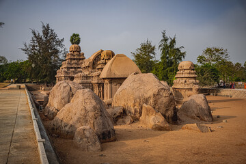 Fototapeta na wymiar Exclusive Monolithic - Five Rathas or Panch Rathas are UNESCO World Heritage Site located at Great South Indian architecture. World Heritage in South India, Tamil Nadu, Mamallapuram or Mahabalipuram