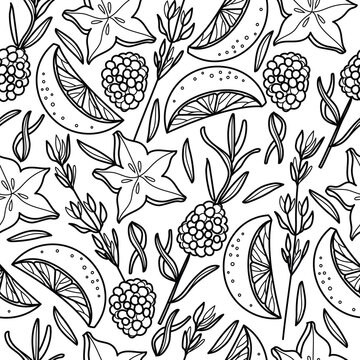 Cocktail garnish seamless pattern. Vector line art illustration. Food and herbs