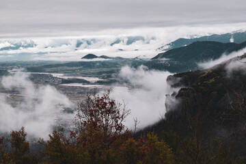 Meteora monastery covered by winters clouds