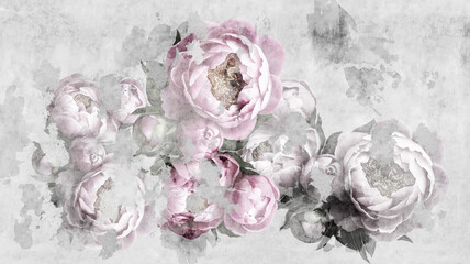 Peonies flowers painted on a concrete grunge wall. Photo wallpaper, wallpaper, mural, card, postcard design in the modern, loft style. - obrazy, fototapety, plakaty