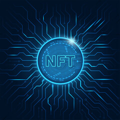 Non fungible token NFT.Technology background with circuit.NFT logo dark blue.Crypto currency concept.