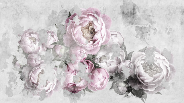 Fototapeta Peonies flowers painted on a concrete grunge wall. Photo wallpaper, wallpaper, mural, card, postcard design in the modern, loft style.