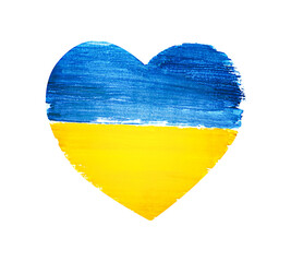 painted heart in blue and yellow colors, isolated on a white background