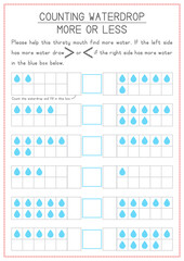 Children Learning Printable - Counting More or Less with Water Drop Theme