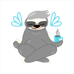 Vector illustration with a cute sloth in the lotus position, meditation, rest, relax, cute animal, cartoon-style children's illustration, for fabrics, postcards, posters, clothes.