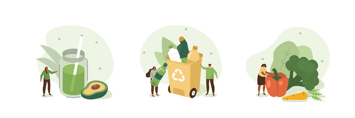 Sustainable lifestyle illustration set. People collecting plastic trash into recycling garbage bin, trying to make zero waste and following vegan diet. Vector illustration. - obrazy, fototapety, plakaty
