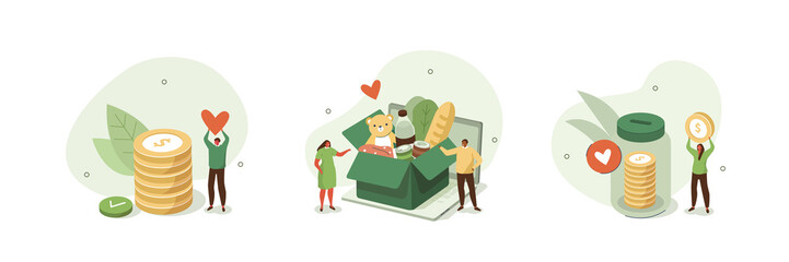 Donation illustration set. Volunteers collecting food and clothes in donation box. Characters putting money in jar. Charity and financial support concept. Vector illustration.
