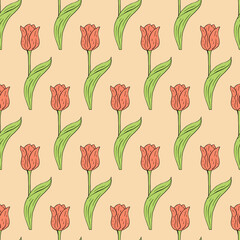 Vintage seamless pattern with pink tulips flowers and leaves on beige background