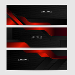 Obraz premium Abstract black red metallic carbon neutral overlap light hexagon mesh design modern luxury futuristic technology background. Game tech wide banner vector illustration.