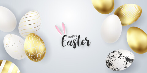 happy easter background with realistic and golden decorated eggs beautiful design vector illustration