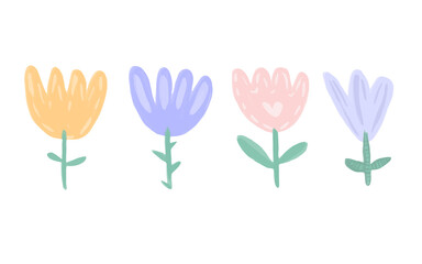 Set of cute vector Flowers. Cute cartoon flat design. Colorful Tulips hand drawn in children's style.