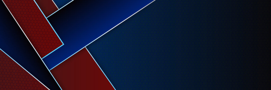 Abstract dark blue metallic carbon neutral overlap light hexagon mesh design modern luxury futuristic technology background. Game tech wide banner vector illustration. © Roisa
