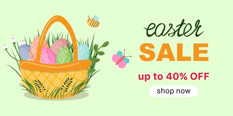 Naklejka premium Easter sale template with a basket filled with Easter eggs. 