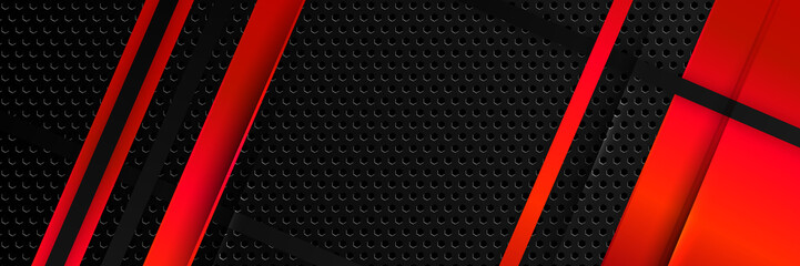 Abstract black red metallic carbon neutral overlap light hexagon mesh design modern luxury futuristic technology background. Game tech wide banner vector illustration.