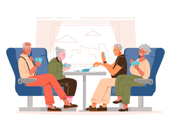 Elderly people play cards on the train. Have fun while traveling. Vector illustration in a flat style.